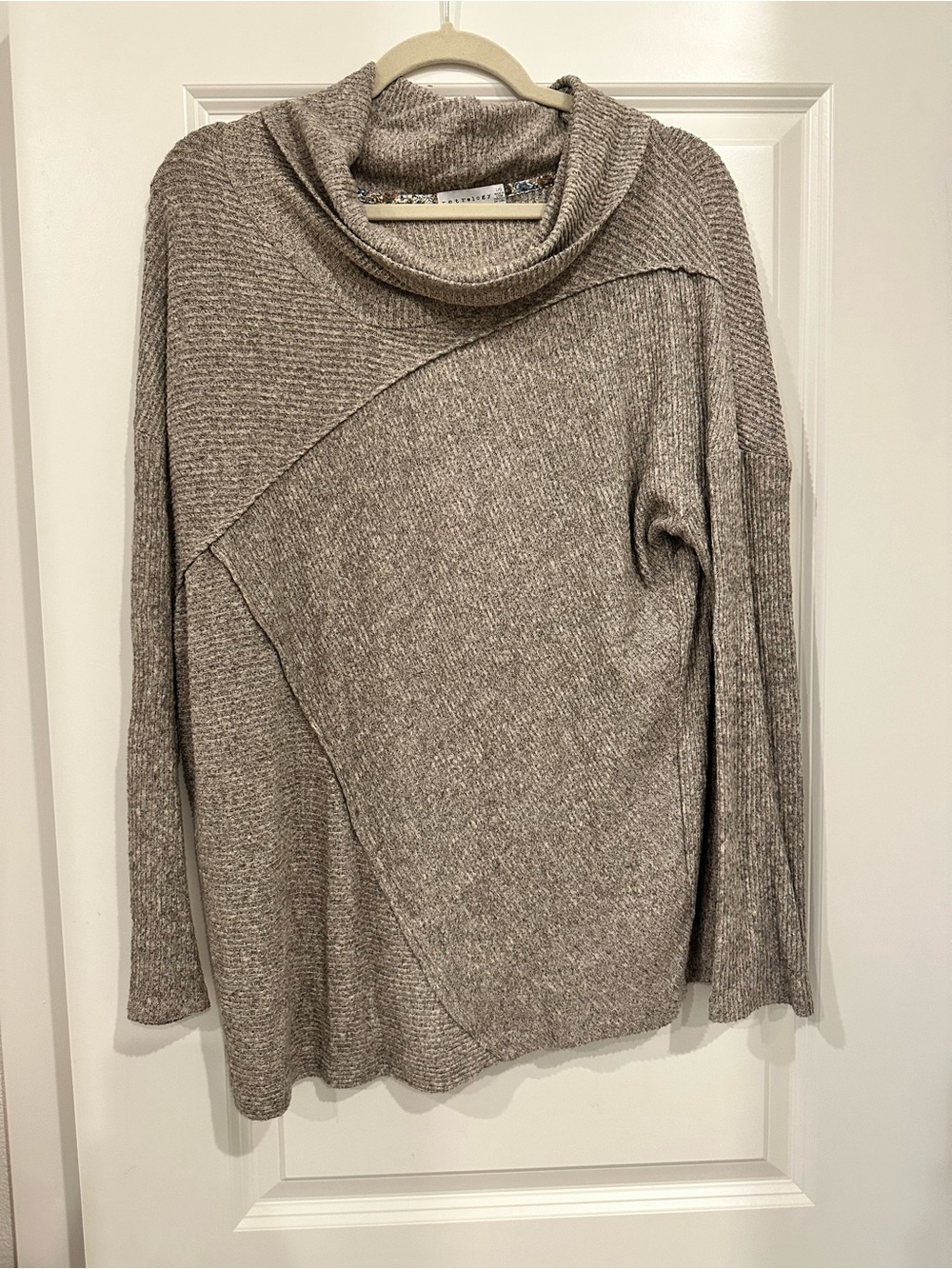 Cozy Taupe Cowl-Neck Asymmetric Knit Sweater
